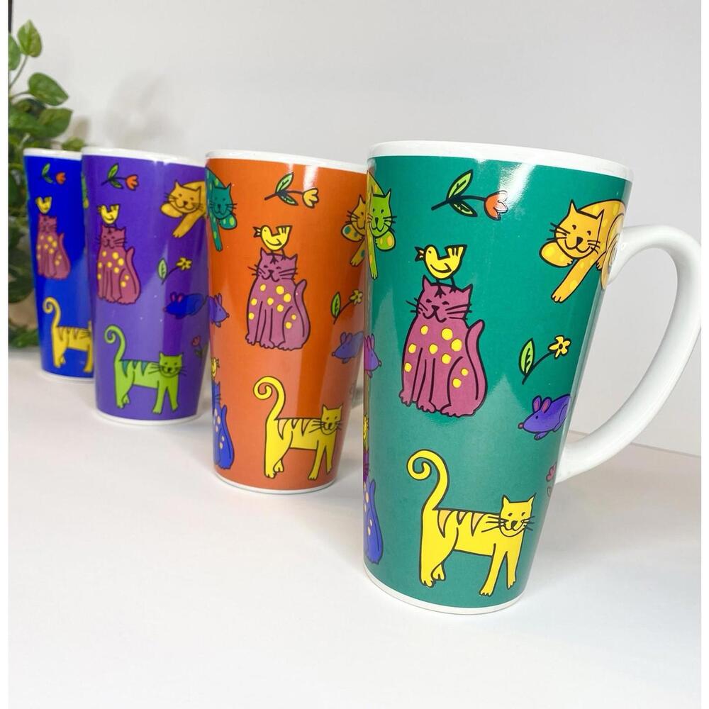Vintage 90’s Mugs TALL CERAMIC CAT LADY COFFEE MUGS Kitsch Pop Art Modern Kitty